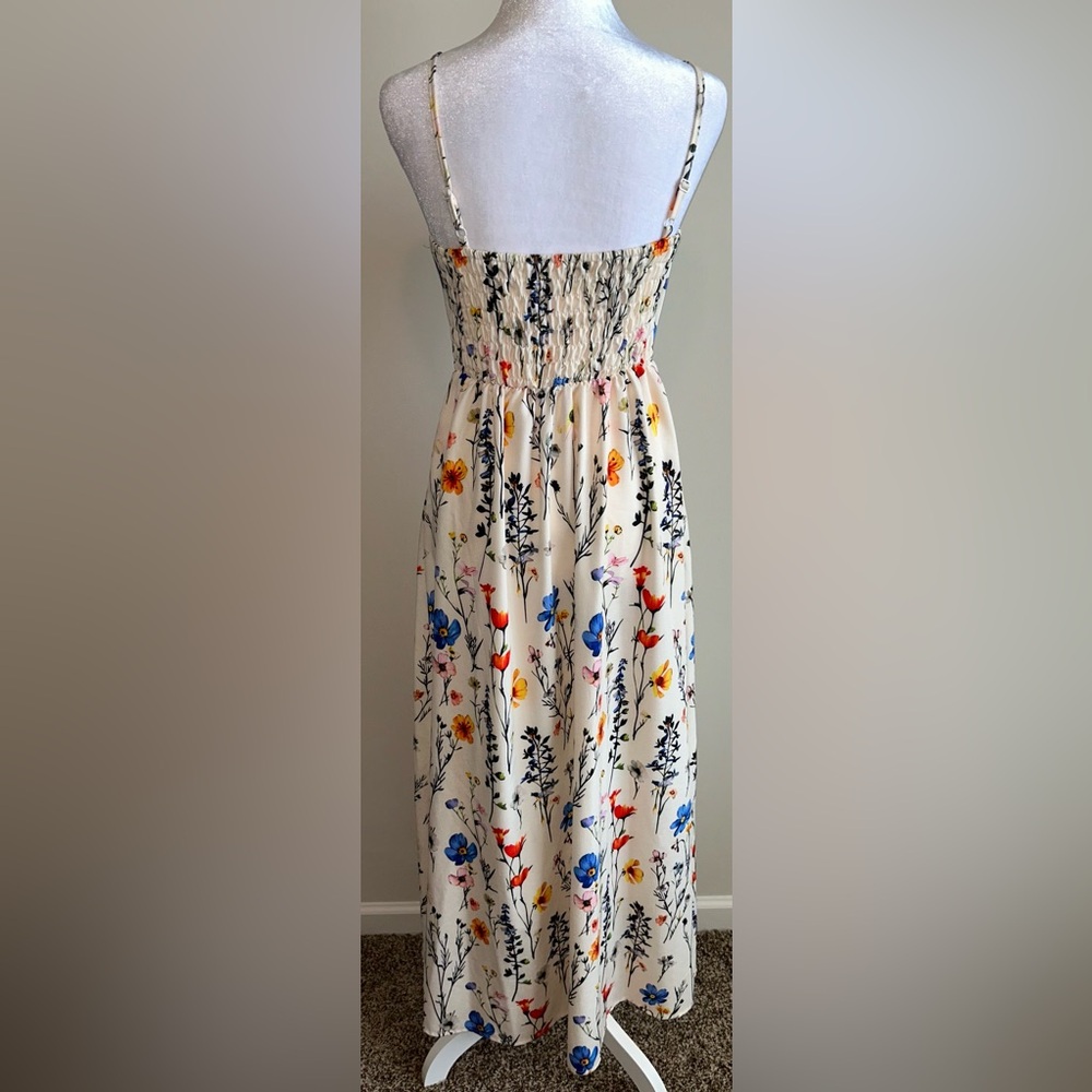 Floral Cream Midi Slip Dress with Blue & Red Blooms - Picture 4 of 4